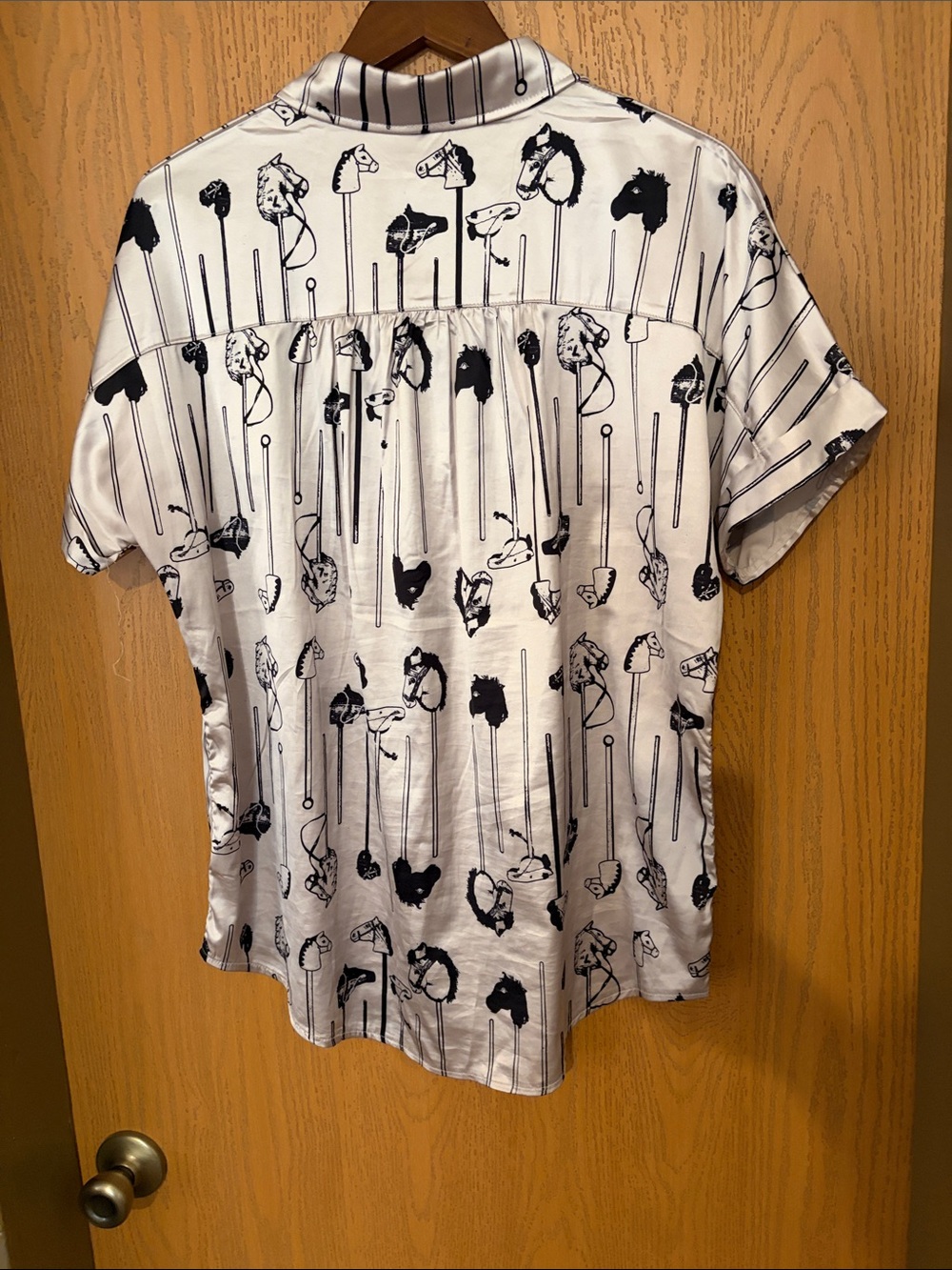 Woven Short-Sleeve Button-Up Blouse - White with Black Print - Picture 5 of 5